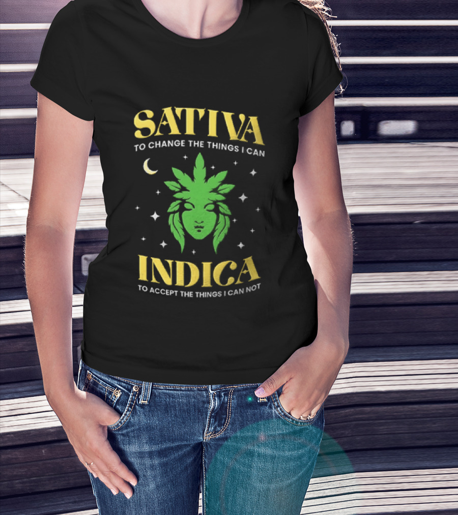 Sativa To Change The Things I Can Indica To Accept The Things I Can Not Moon Stars Cannabis Leaf T-Shirt