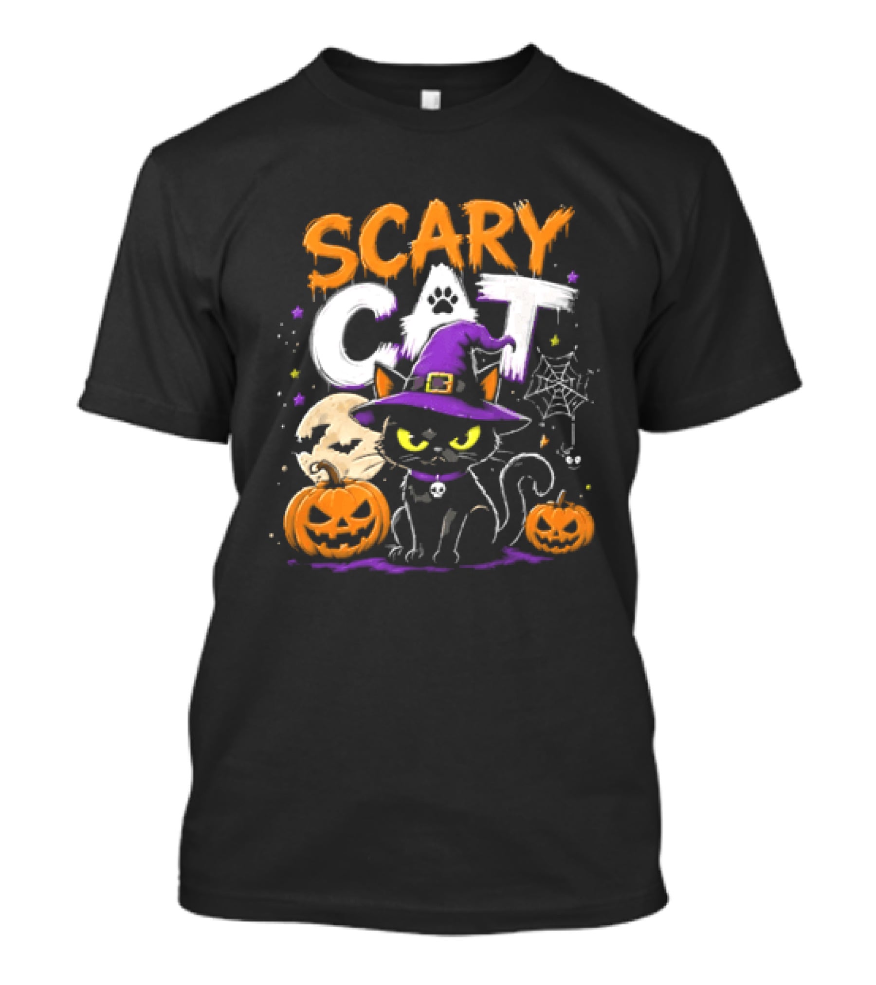 Scary Cat Black Kitten Witch Hat Full Moon Jack O Lanterns Halloween Cartoon T-Shirt