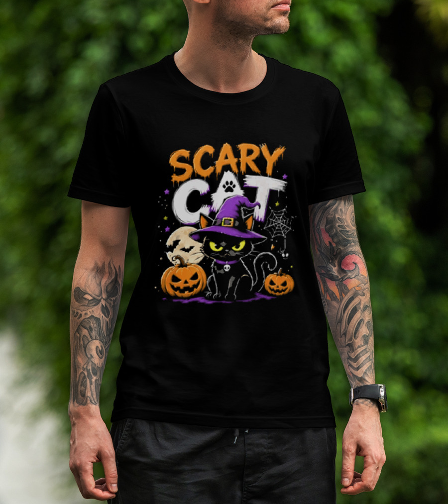 Scary Cat Black Kitten Witch Hat Full Moon Jack O Lanterns Halloween Cartoon T-Shirt