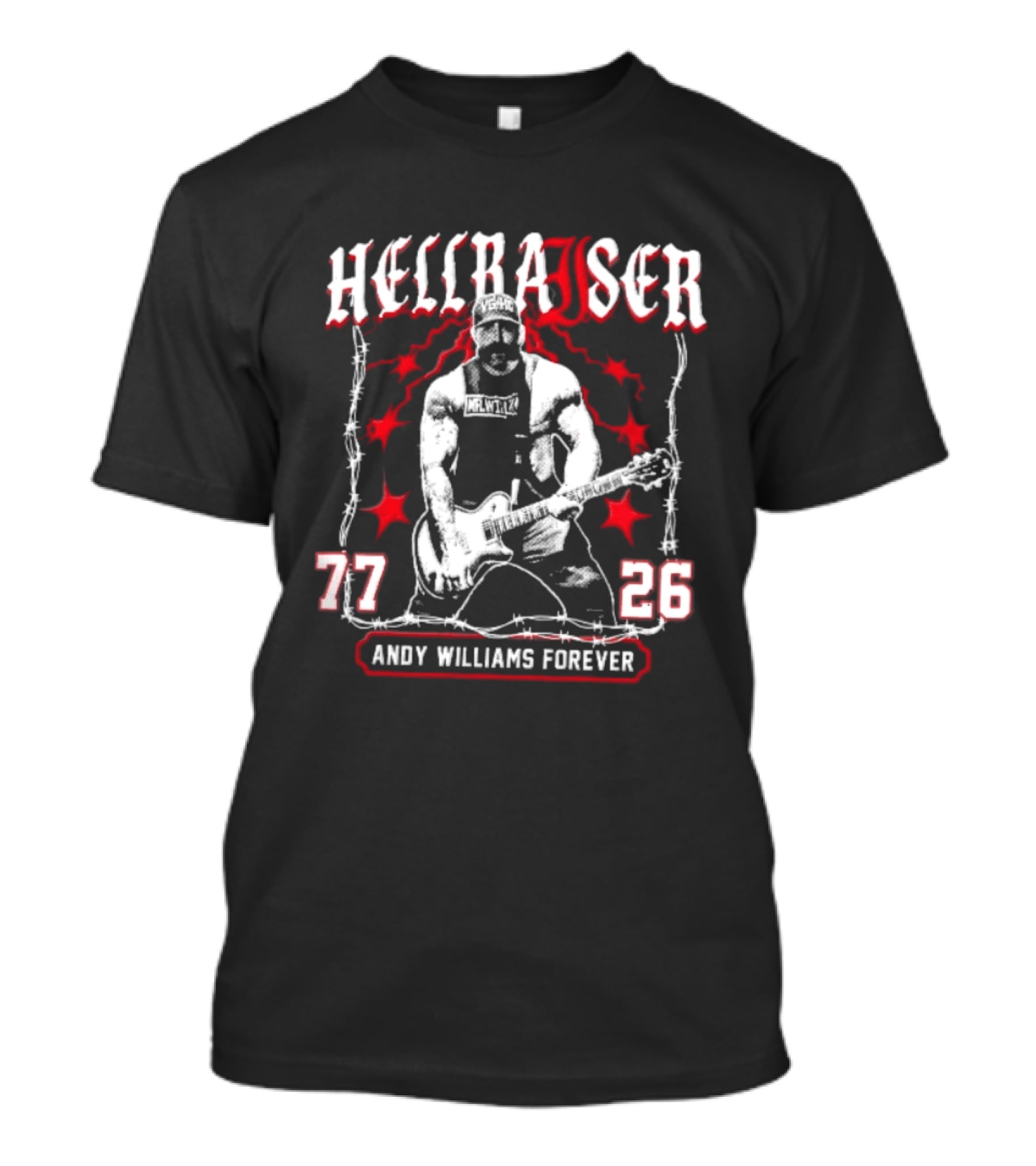Hellraiser 77 26 Andy Williams Forever Halftone Bearded Guitarist Barbed Wire T-Shirt