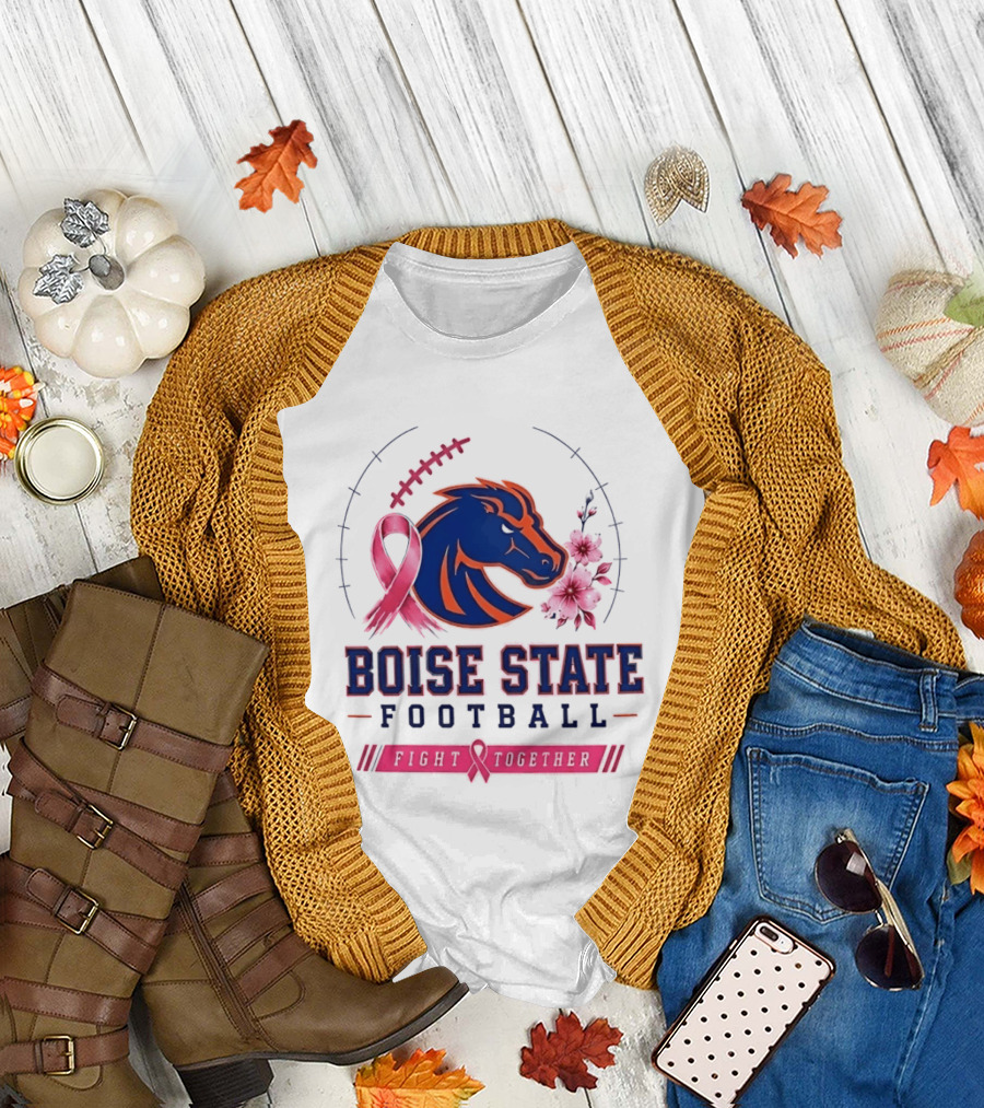 Boise State Broncos Football Fight Together Breast Cancer Awareness Pink Ribbon Flowers T-Shirt