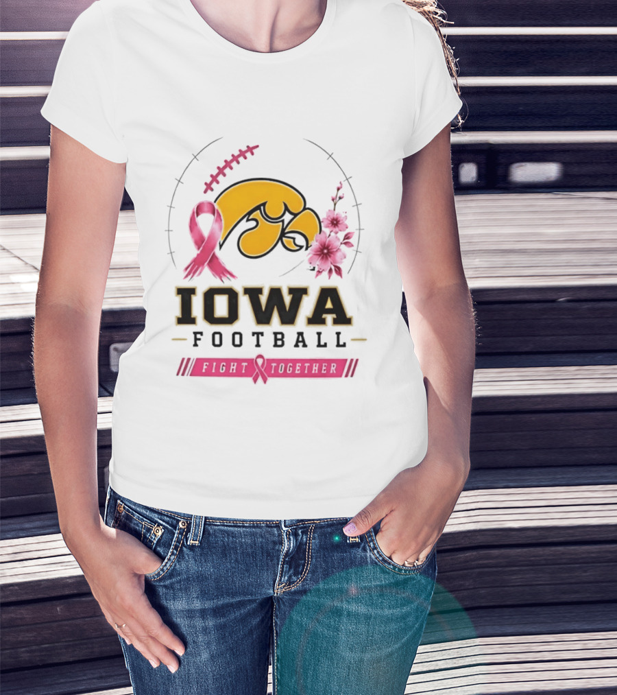 Iowa Hawkeyes Football Pink Ribbon Fight Together Breast Cancer Awareness T-Shirt