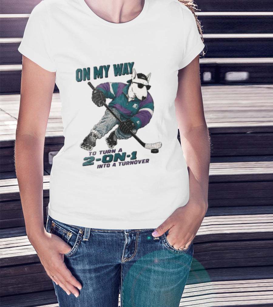 On My Way To Turn A 2 On 1 Into A Turnover Cartoon Bull Terrier Rollerblading Hockey Puck T-Shirt