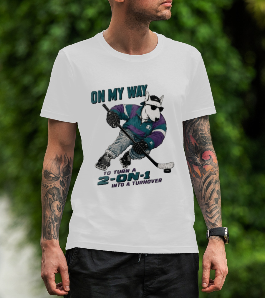 On My Way To Turn A 2 On 1 Into A Turnover Cartoon Bull Terrier Rollerblading Hockey Puck T-Shirt
