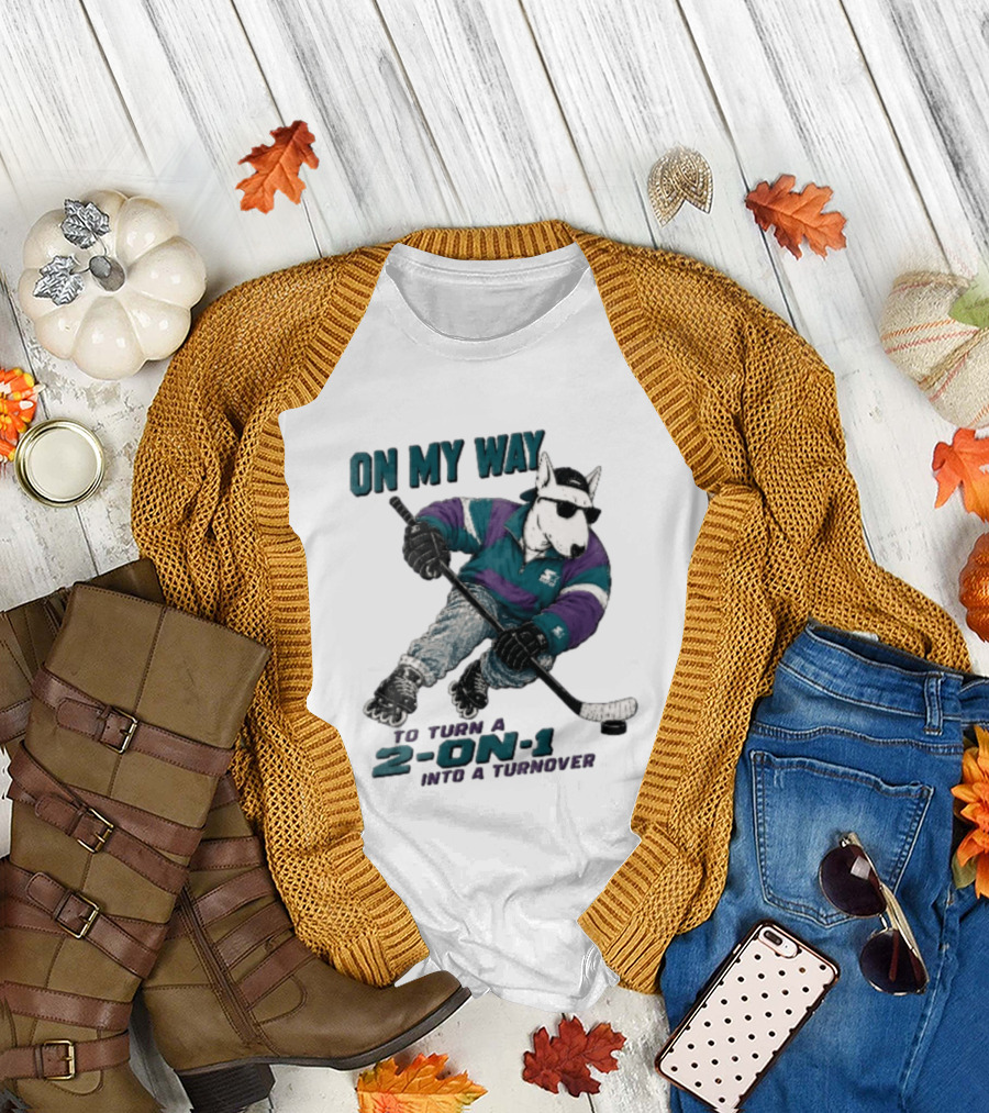 On My Way To Turn A 2 On 1 Into A Turnover Cartoon Bull Terrier Rollerblading Hockey Puck T-Shirt