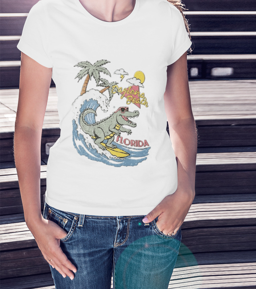 Daytona Beach Florida Surfing Alligator With Palm Trees And Sunglasses T-Shirt