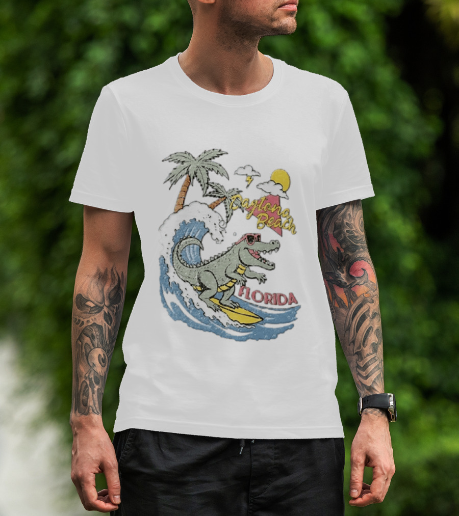 Daytona Beach Florida Surfing Alligator With Palm Trees And Sunglasses T-Shirt