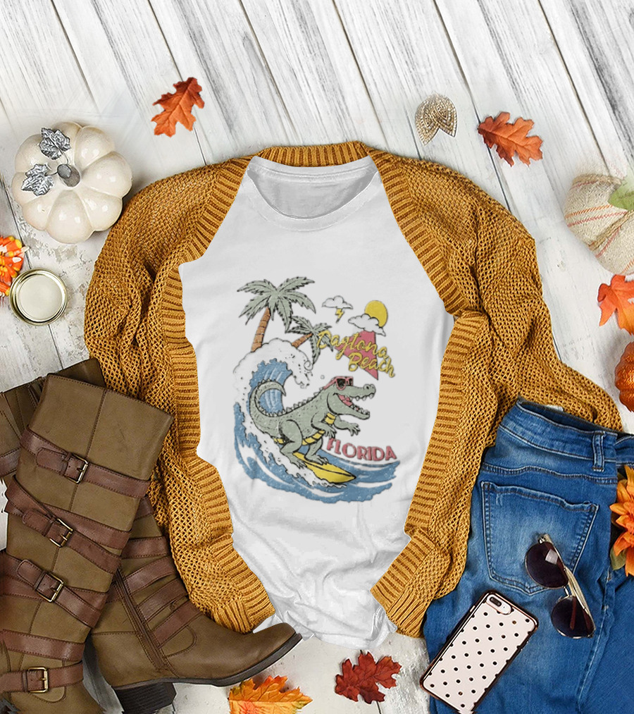 Daytona Beach Florida Surfing Alligator With Palm Trees And Sunglasses T-Shirt