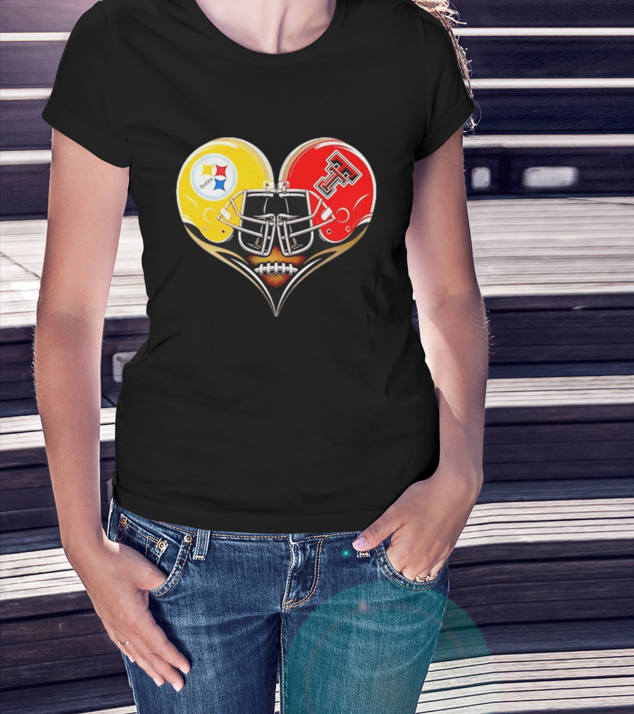 Pittsburgh Steelers Texas Tech Red Raiders Football Helmets Heart T-Shirt