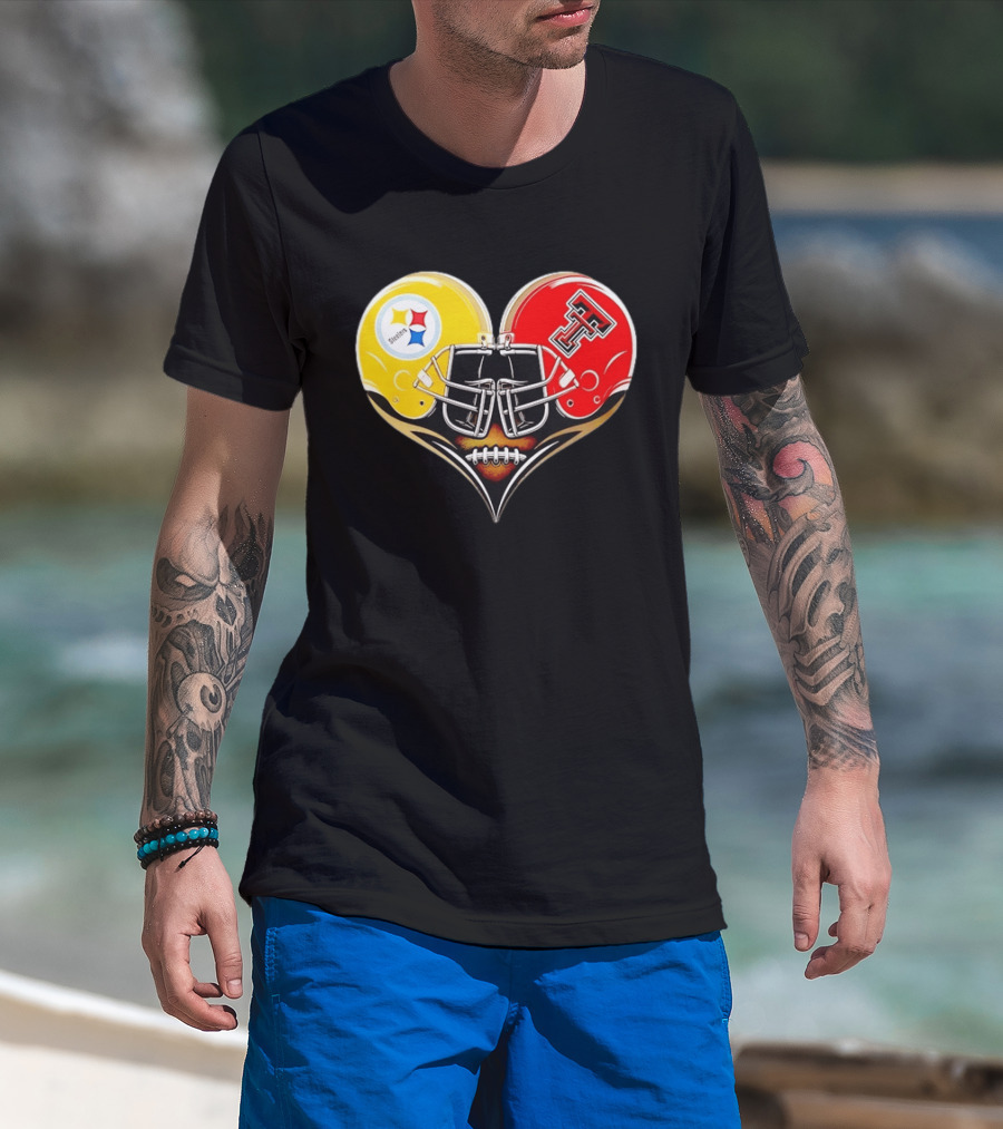Pittsburgh Steelers Texas Tech Red Raiders Football Helmets Heart T-Shirt