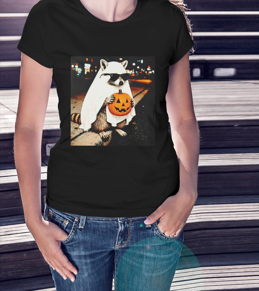 Raccoon Ghost Sunglasses Pumpkin Halloween Street Scene T-Shirt