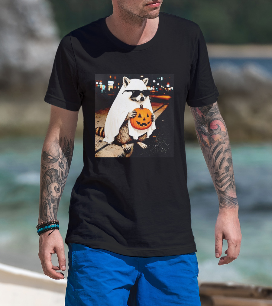 Raccoon Ghost Sunglasses Pumpkin Halloween Street Scene T-Shirt