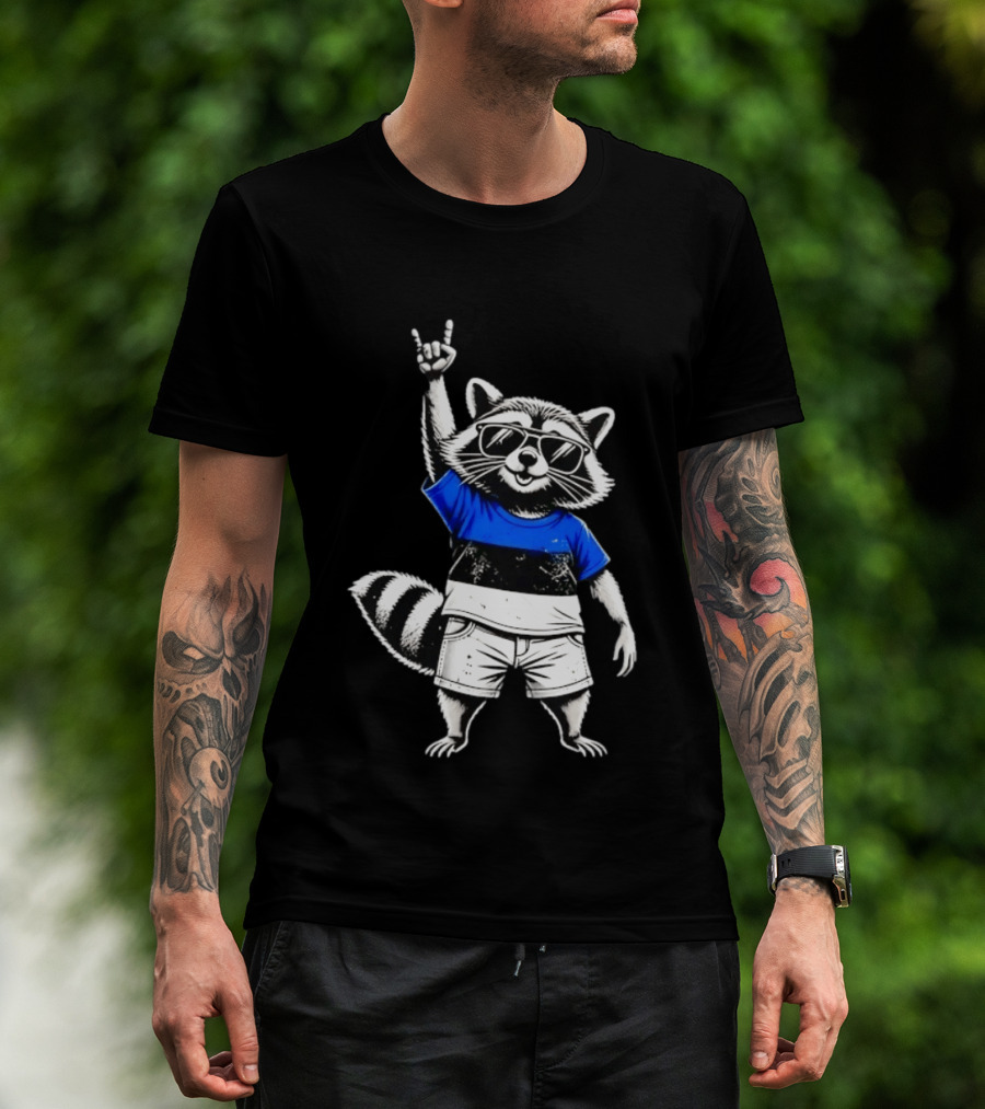 Rocking Raccoon Estonia Flag Style With Sunglasses And Hand Gesture T-Shirt