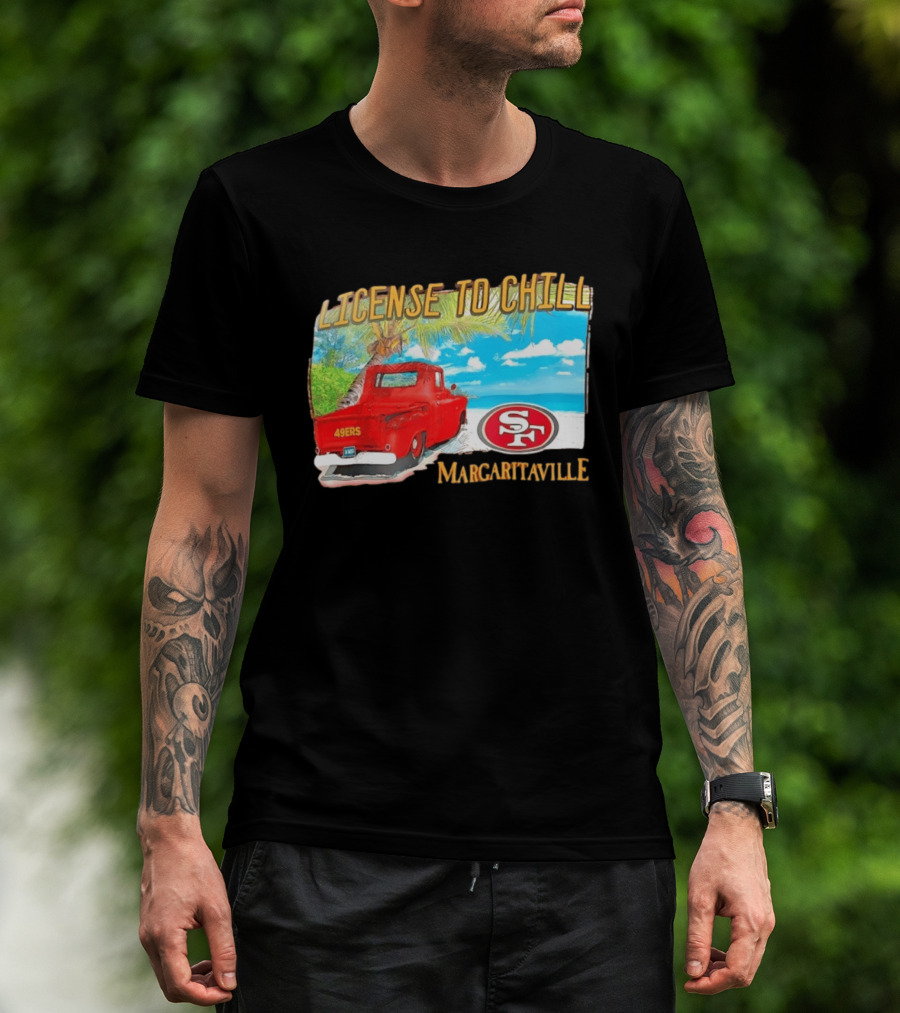 San Francisco 49ers License To Chill Margaritaville Beach Scene Vintage Truck T-Shirt