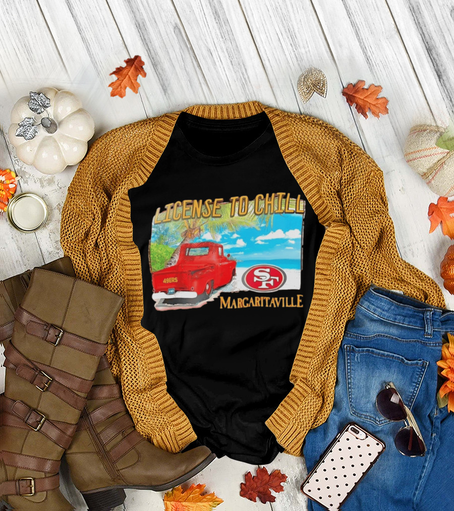 San Francisco 49ers License To Chill Margaritaville Beach Scene Vintage Truck T-Shirt