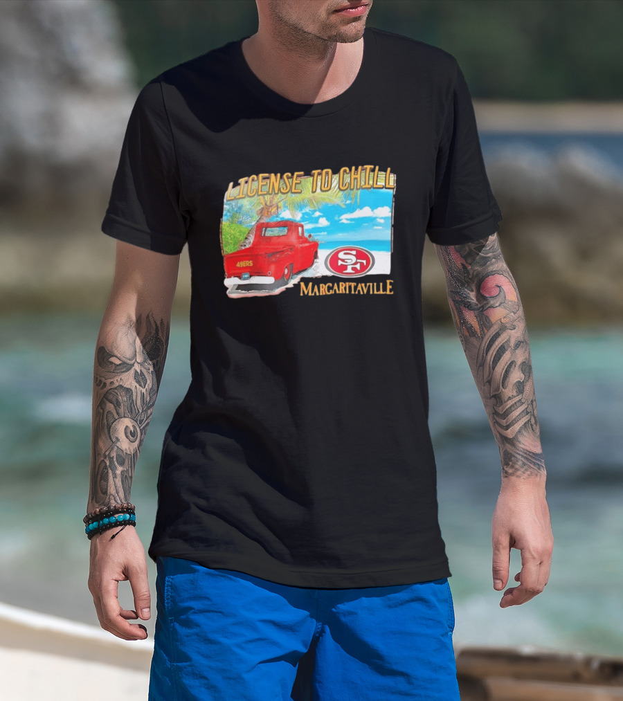 San Francisco 49ers License To Chill Margaritaville Beach Scene Vintage Truck T-Shirt