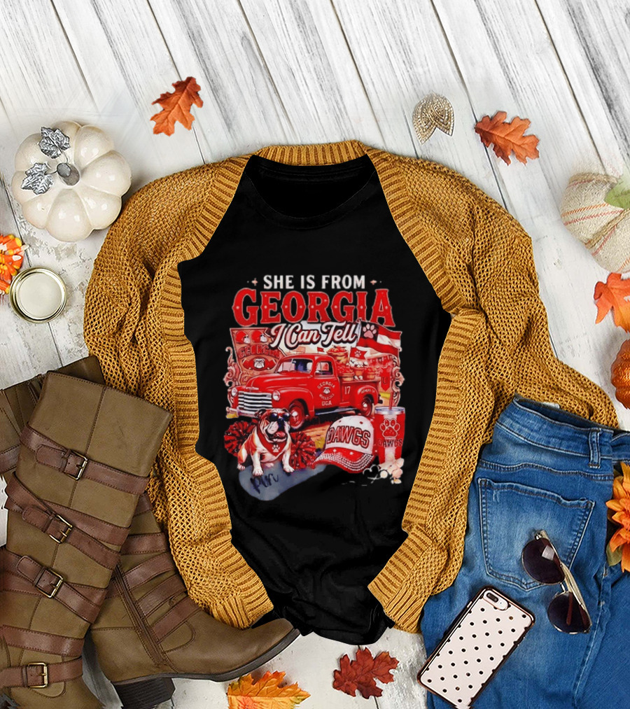 She Is From Georgia I Can Tell Bulldogs Dawgs Red Truck T-Shirt