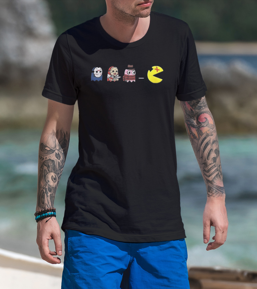Horror Movie Ghosts Jason Freddy Chasing Stabbed Pac Man T-Shirt