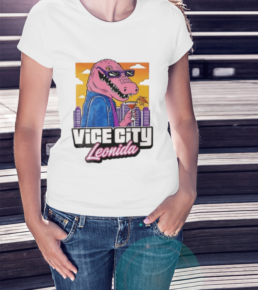 Vice City Leonida Pink Alligator Sunglasses Cocktail Cityscape T-Shirt