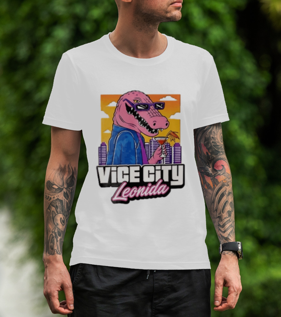 Vice City Leonida Pink Alligator Sunglasses Cocktail Cityscape T-Shirt