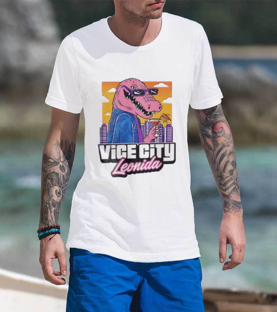 Vice City Leonida Pink Alligator Sunglasses Cocktail Cityscape T-Shirt