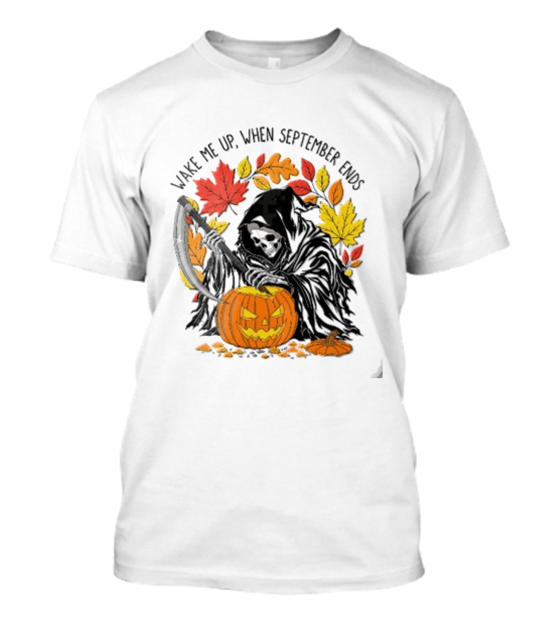 Wake Me Up When September Ends Grim Reaper Carving Jack O Lantern Autumn Leaves T-Shirt