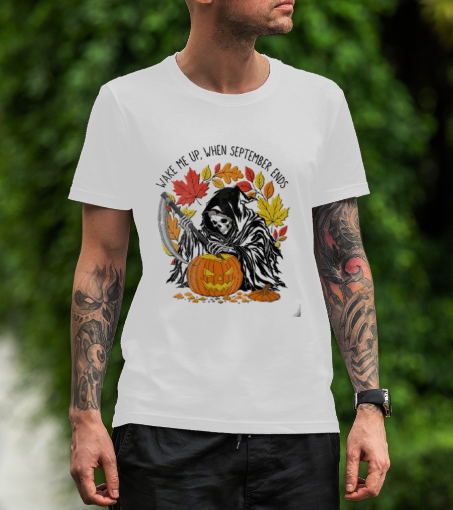 Wake Me Up When September Ends Grim Reaper Carving Jack O Lantern Autumn Leaves T-Shirt