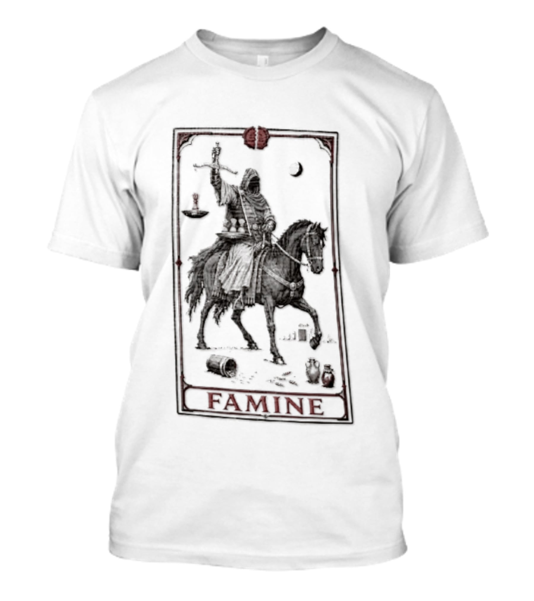 Famine Hooded Rider On Black Horse With Scales Tarot Card T-Shirt