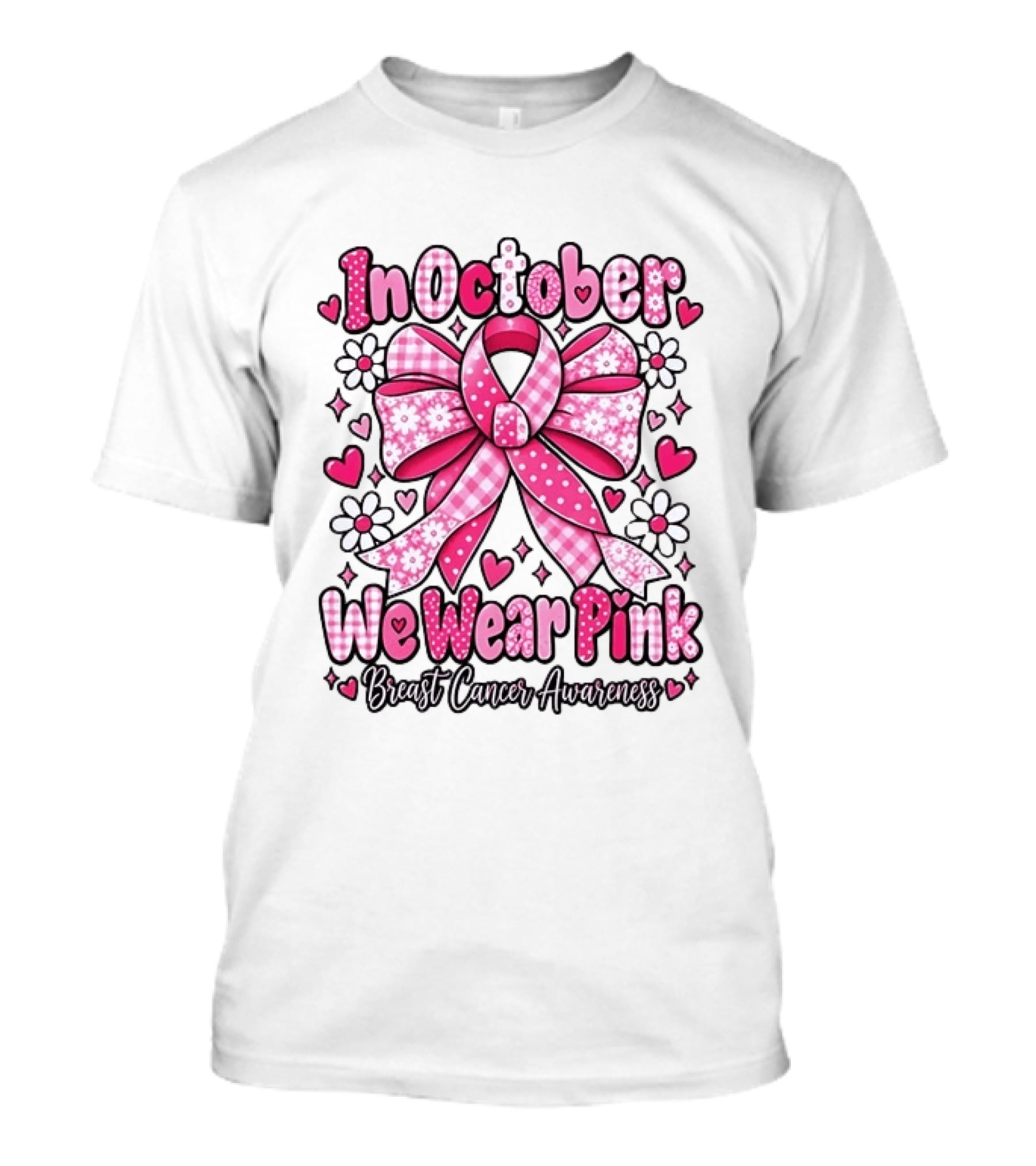 In October We Wear Pink Ribbon Breast Cancer Awareness Flowers Hearts T-Shirt