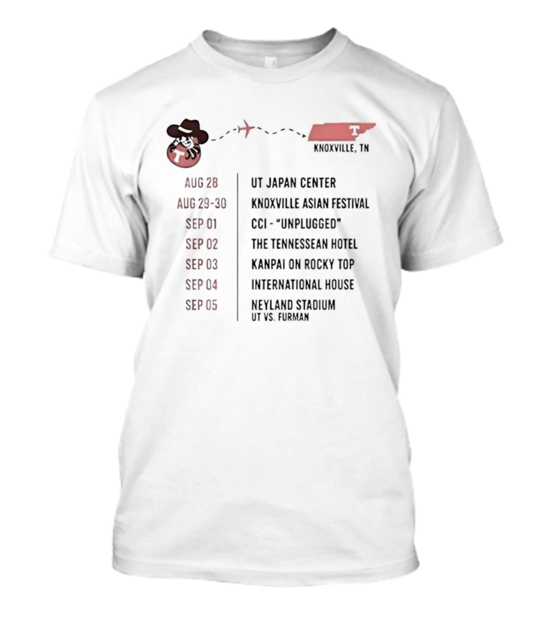 Knoxville TN Event Schedule UT Japan Center Festival Unplugged Hotel Rocky Top Stadium T-Shirt