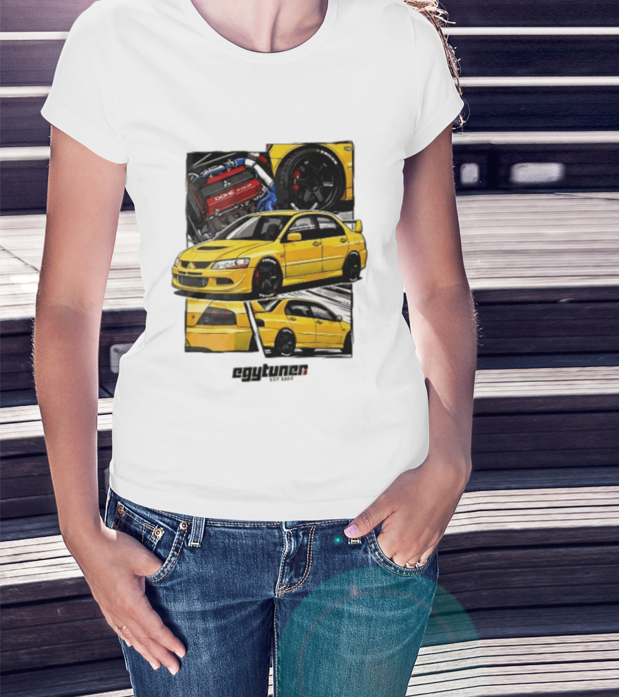 Mitsubishi Egytuner Est 2003 Yellow Lancer Evolution Engine Wheel Panels T-Shirt