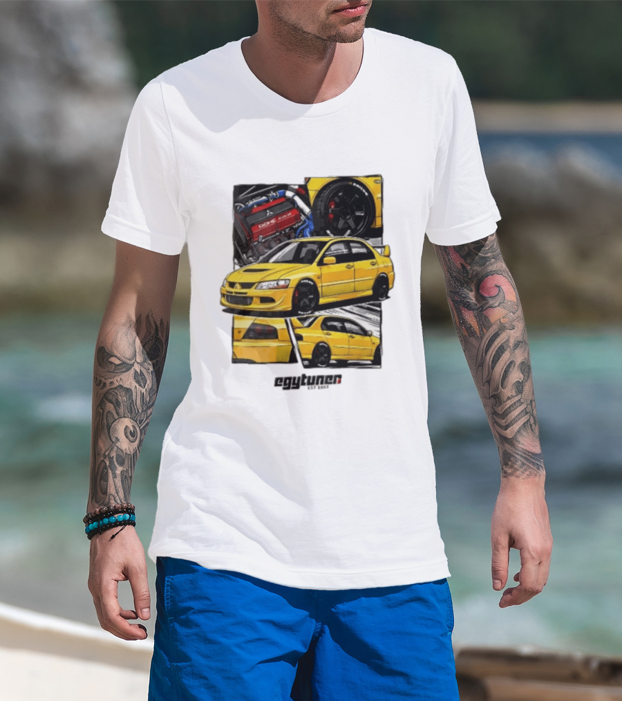Mitsubishi Egytuner Est 2003 Yellow Lancer Evolution Engine Wheel Panels T-Shirt