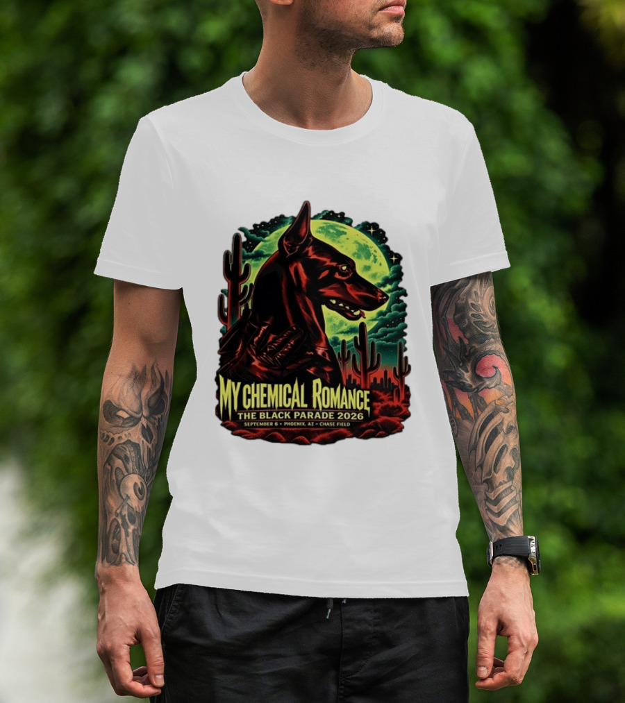 My Chemical Romance The Black Parade 2026 September 6 Phoenix AZ Chase Field Cactus And Dog Moon Scene T-Shirt