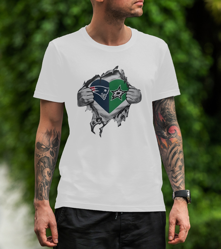 New England Patriots Dallas Stars Heart Split Design Fans T-Shirt