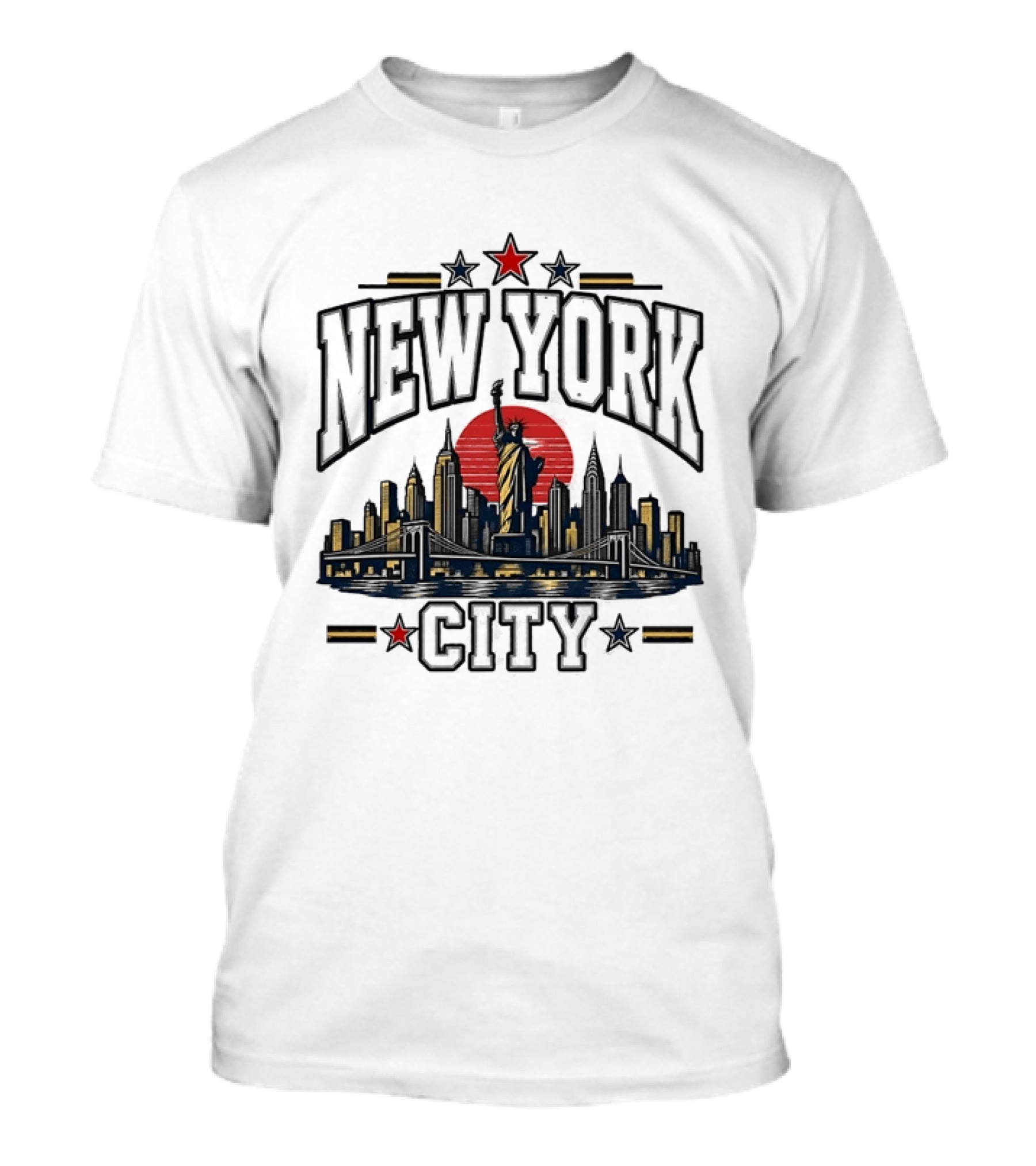 New York City Statue Of Liberty Skyline Red Sun Star Accents T-Shirt