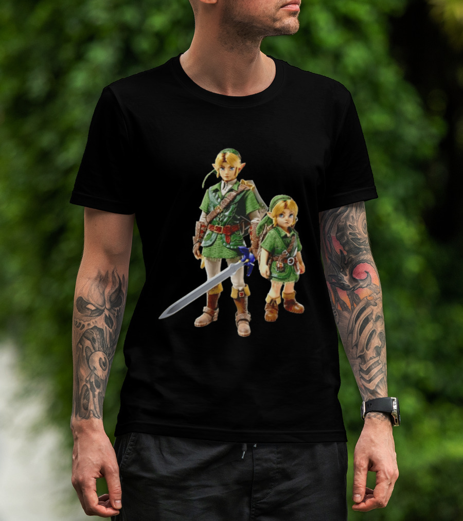 Adult And Young Link Green Tunic Warrior Sword Shield Render T-Shirt