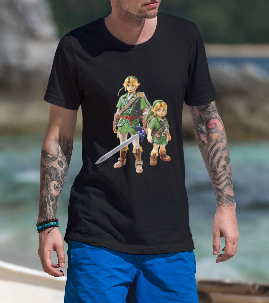 Adult And Young Link Green Tunic Warrior Sword Shield Render T-Shirt