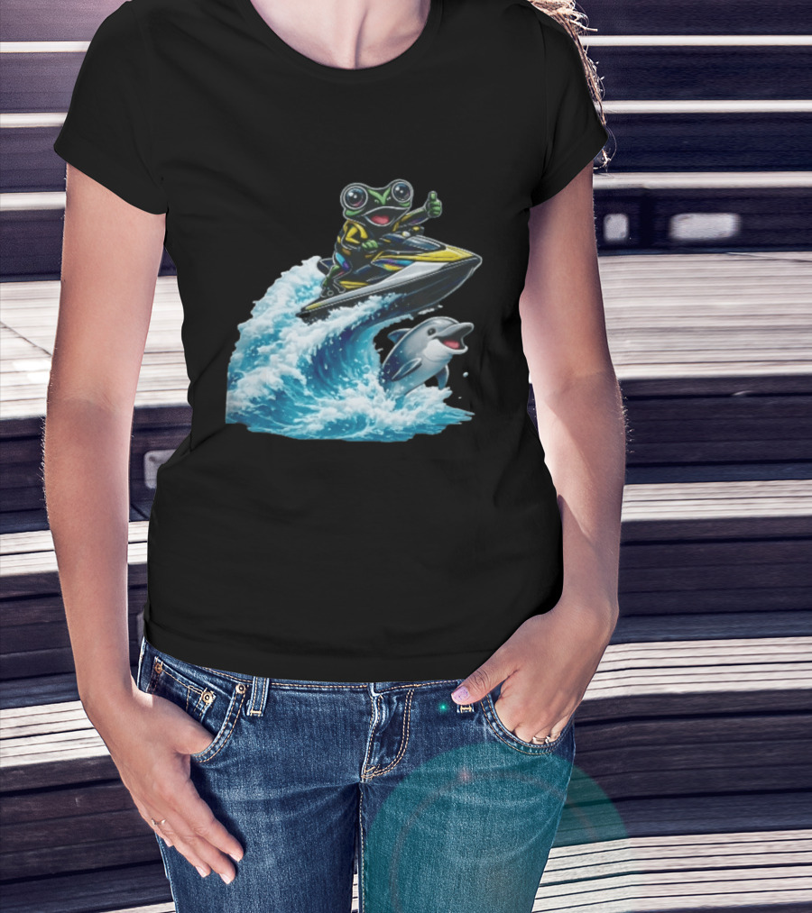 Cartoon Frog Thumbs Up Riding Jet Ski With Dolphin On Ocean Wave T-Shirt