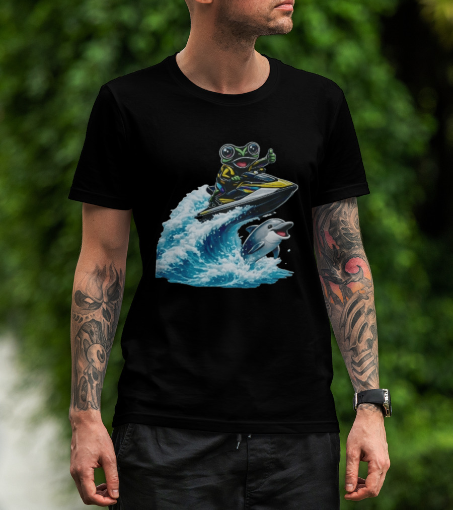 Cartoon Frog Thumbs Up Riding Jet Ski With Dolphin On Ocean Wave T-Shirt