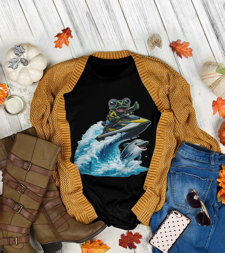 Cartoon Frog Thumbs Up Riding Jet Ski With Dolphin On Ocean Wave T-Shirt