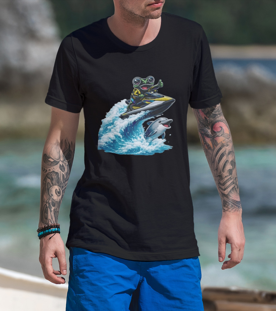 Cartoon Frog Thumbs Up Riding Jet Ski With Dolphin On Ocean Wave T-Shirt