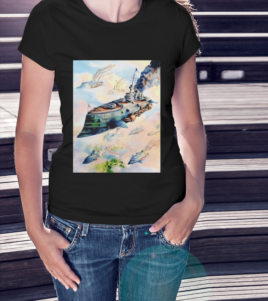Steampunk Flying Battleship Armada Soaring Through The Clouds T-Shirt