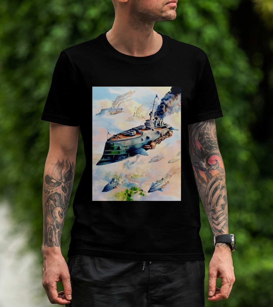Steampunk Flying Battleship Armada Soaring Through The Clouds T-Shirt