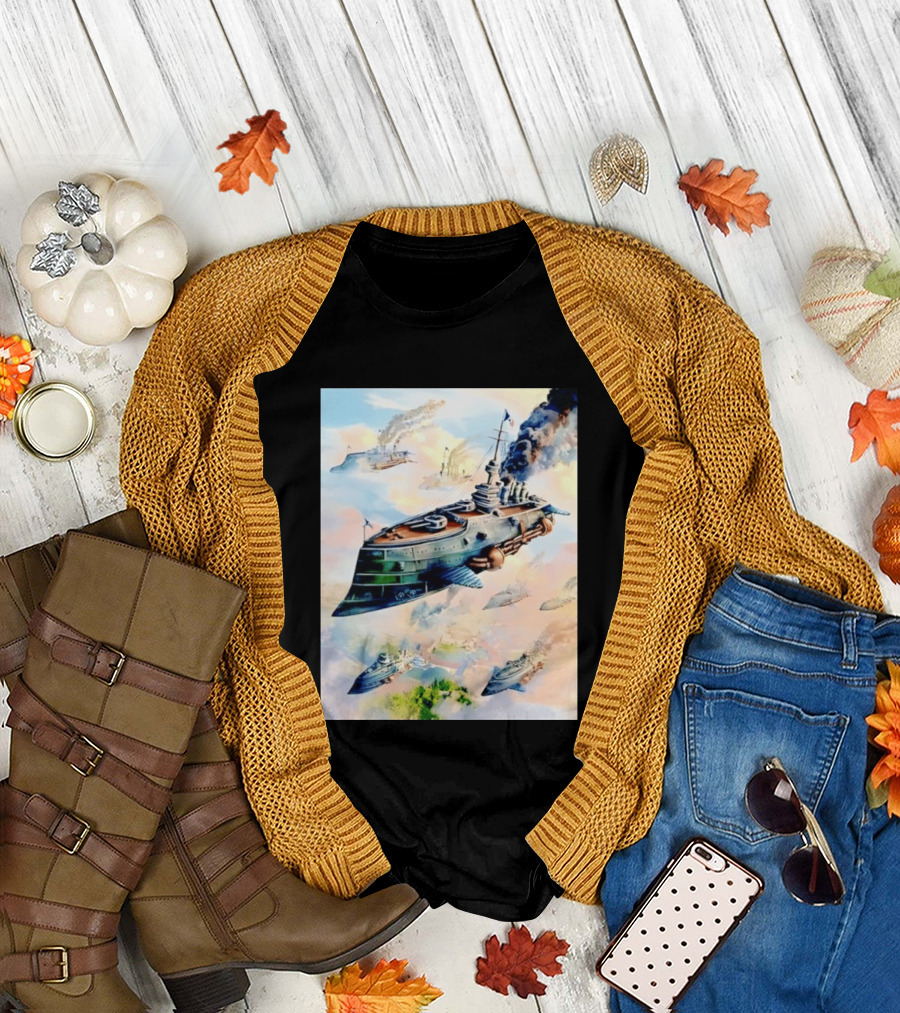 Steampunk Flying Battleship Armada Soaring Through The Clouds T-Shirt