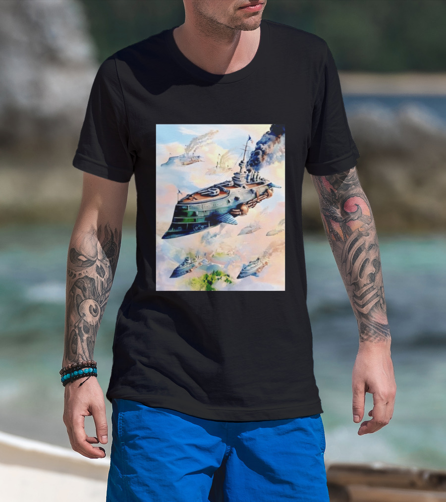 Steampunk Flying Battleship Armada Soaring Through The Clouds T-Shirt