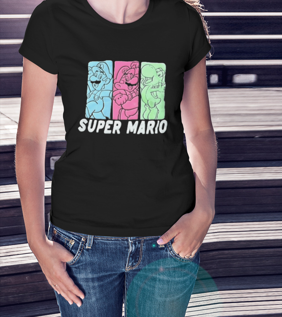 Super Mario Luigi Yoshi Characters Colorful Panels T-Shirt