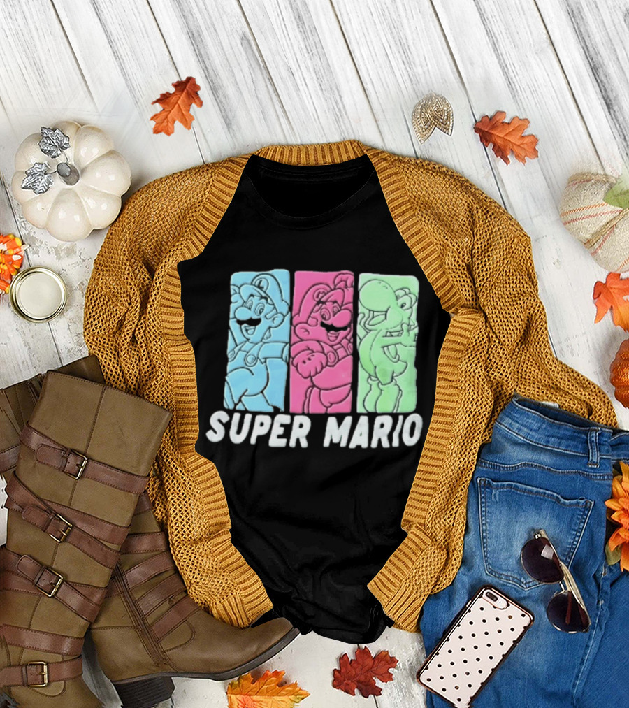 Super Mario Luigi Yoshi Characters Colorful Panels T-Shirt