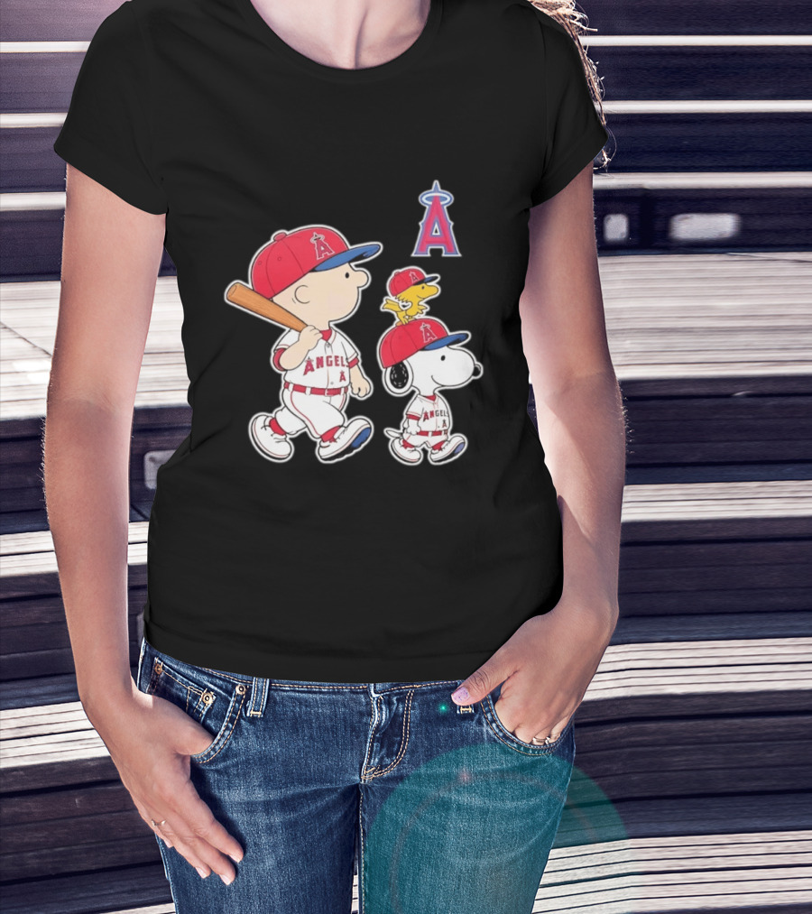 Charlie Brown Snoopy Woodstock Los Angeles Angels Baseball Team T-Shirt