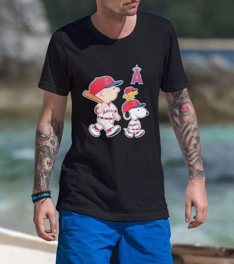 Charlie Brown Snoopy Woodstock Los Angeles Angels Baseball Team T-Shirt