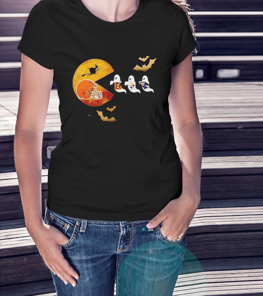 Cleveland Browns Pac Man Vs Bengals Steelers Ravens Halloween Battle T-Shirt